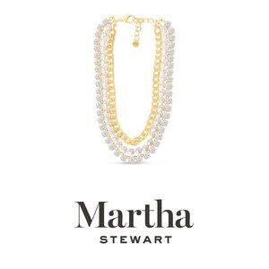 Martha Stewart Three Strand Pearl, Crystal and Chain Necklace In Gold